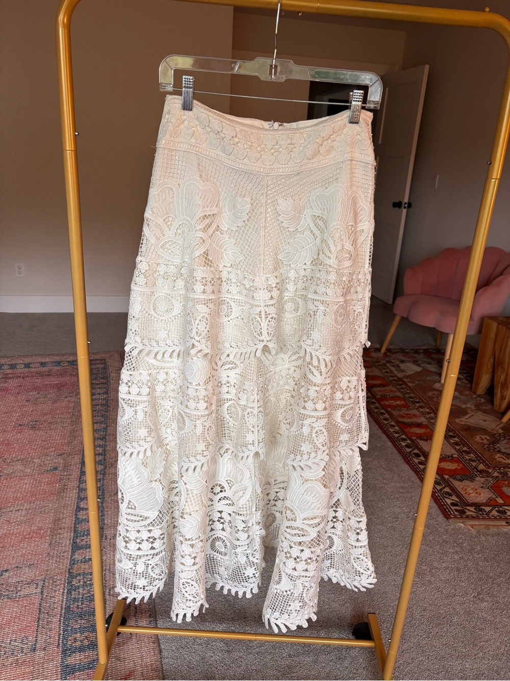 Farm Rio Lace Tiered Maxi Skirt in White